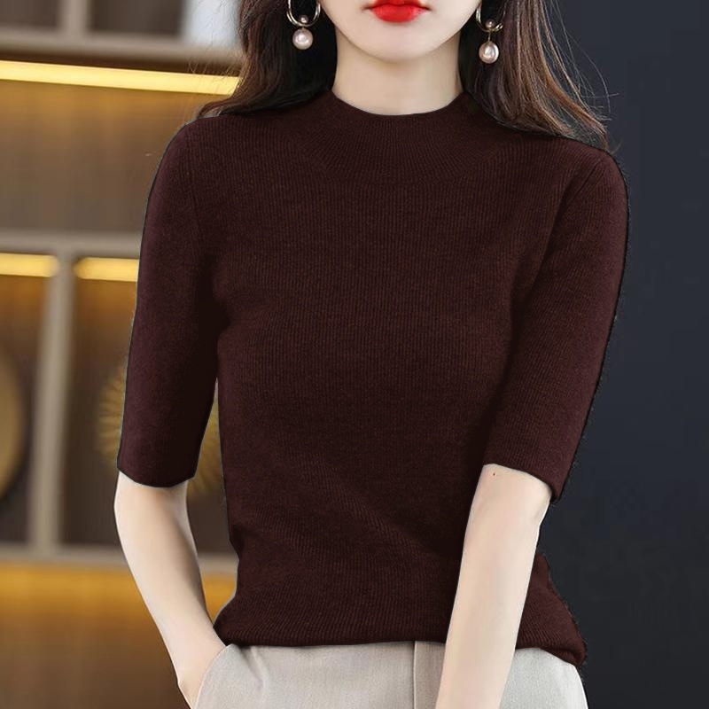 大码高级感中袖内搭上衣半高领打底衫女春秋内搭针织五分袖毛衣潮