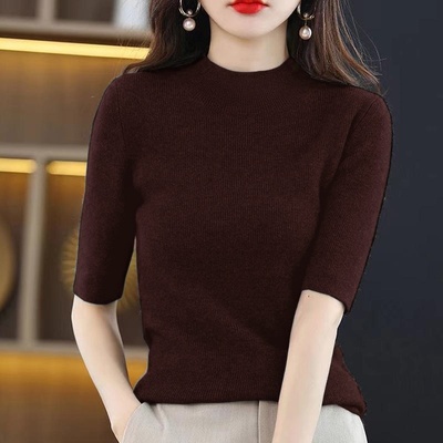 大码高级感中袖内搭上衣半高领打底衫女春秋内搭针织五分袖毛衣潮