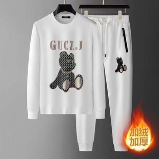 轻奢高端时尚潮流小熊刺绣卫衣套装男潮牌春秋加绒休闲运动两件套