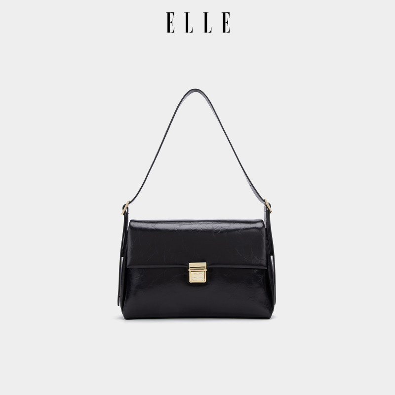 ELLEELLE女包2025新款黑色翻盖手提斜挎包女大容量单肩腋