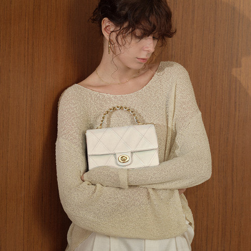 ELLE头层牛皮菱格纹链条手提包