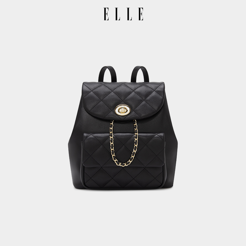 ELLE女包2025新款头层牛皮菱格双肩包翻盖背包单肩包大容量包