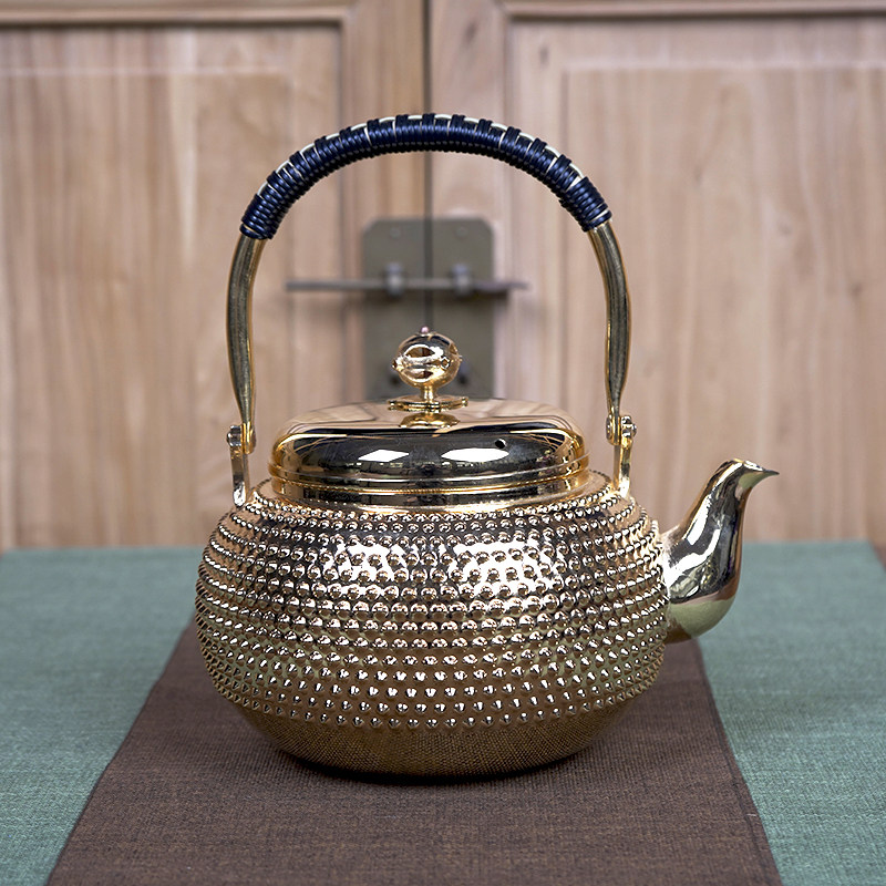 日式时尚茶壶家用泡茶器具煮茶器手工紫铜壶亮金色烧水壶 金霰纹