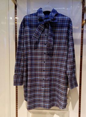 A2CA83423鸟牌女装2022夏款拼接长袖复古系带上衣长款格纹衬衫