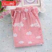 Quần pyjama nữ quần cotton mùa hè đôi nam nữ mùa xuân và mùa thu nam và nữ cotton hai lớp gạc mỏng nhà quần cotton - Quần tây quần short nữ lưng cao