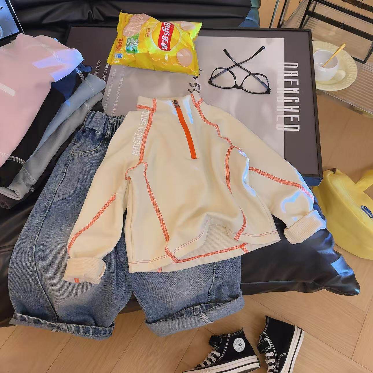 新款德绒卫衣秋高领防风套头男女童运动衣休闲洋气2025年新款上衣