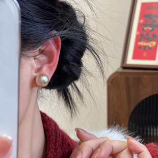 新年红色小马两戴珠珠耳环百搭复古气质甜美耳饰cj