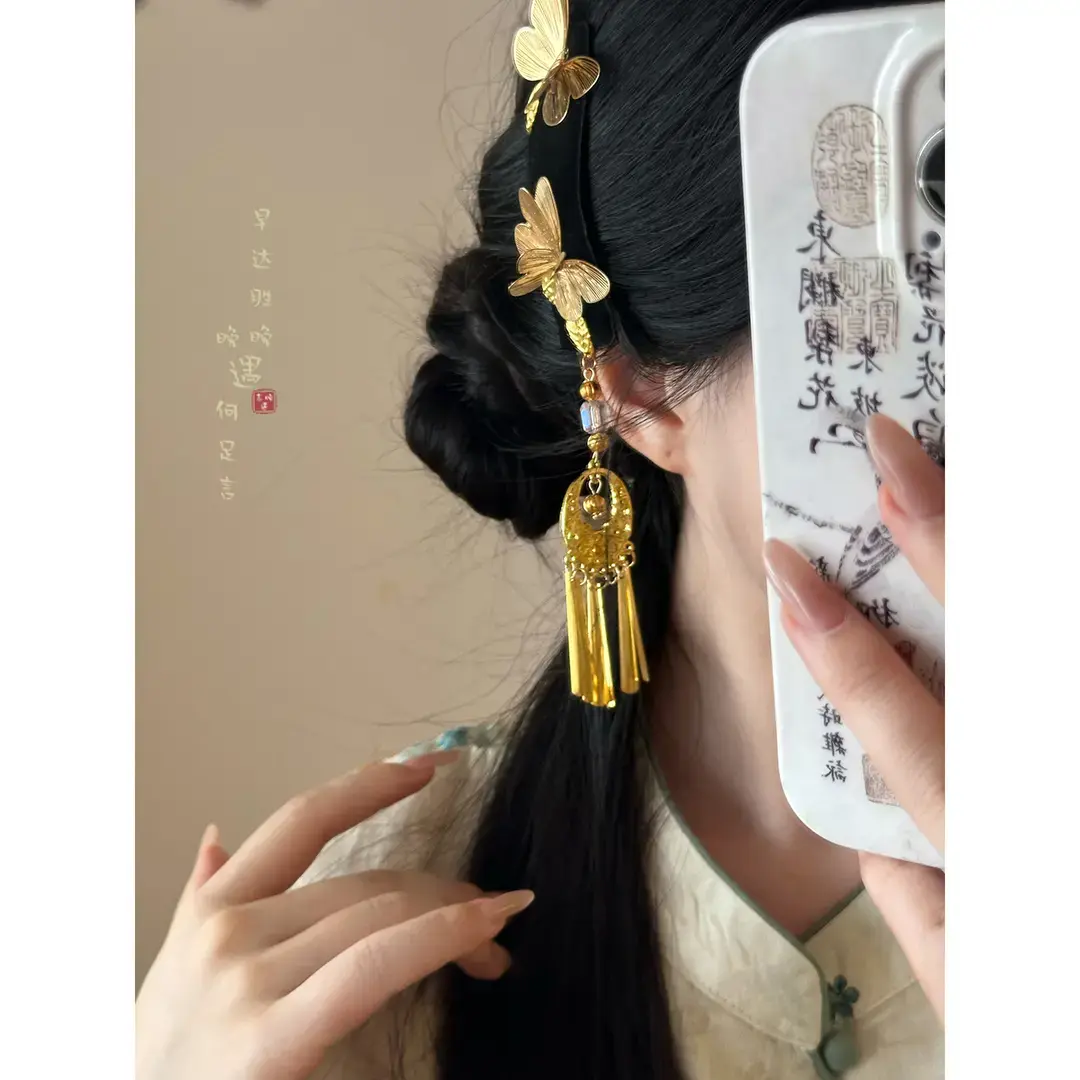 金色蝴蝶手工流苏发夹女新中式复古高级感夹子古风国风刘海侧边夹