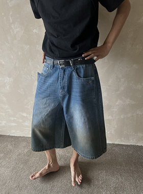 YewPout自主美式复古阔腿直筒牛仔七分裤短裤男女宽松cleanfit