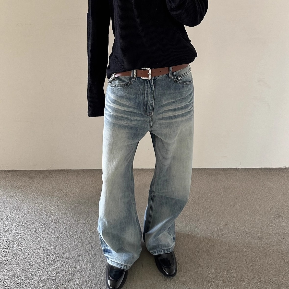 YewPout雪花立体猫须冰蓝牛仔裤