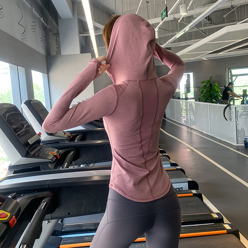 健身服女长袖运动上衣速干T恤紧身网红显瘦连帽跑步罩衫瑜伽衣服