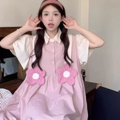 胖mm立体花朵拼接Polo领连衣裙女夏季300斤大码设计感小众减龄裙2