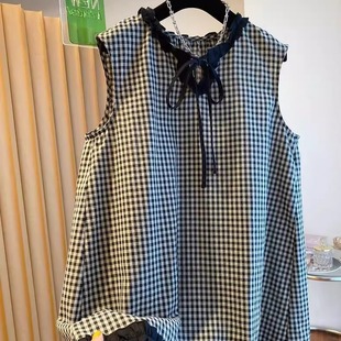 胖mm韩系复古黑白格无袖 宽松蝴蝶结背心裙2 连衣裙女大码 300斤夏季