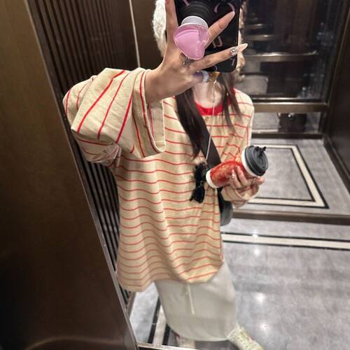 胖MM特大码300斤韩系复古条纹长袖t恤女秋季慵懒风百搭宽松打底衫