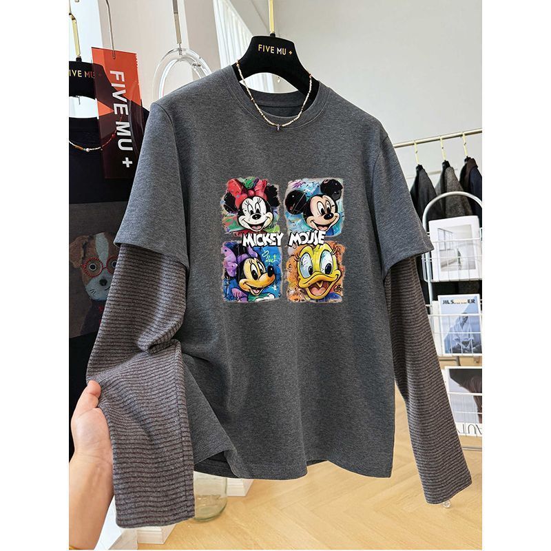 秋季新款卡通四宫格印花长袖T恤女大码300斤胖MM宽松休闲百搭上衣