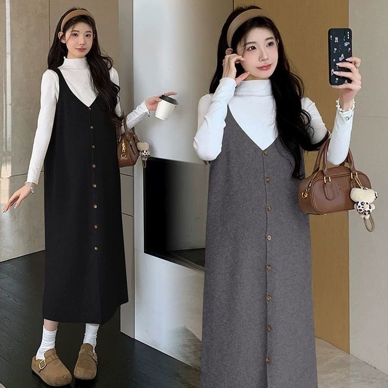 韩范潮流简约无袖连衣裙女大码300斤胖MM秋冬气质V领针织背心裙潮