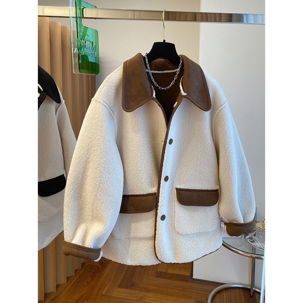 大码300斤韩系小众翻领羊羔毛外套女秋冬新款胖MM宽松两面穿上衣2