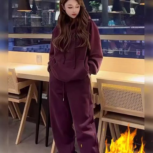 时尚加绒加厚套装女大码300斤胖MM秋冬连帽卫衣宽松运动裤两件套2