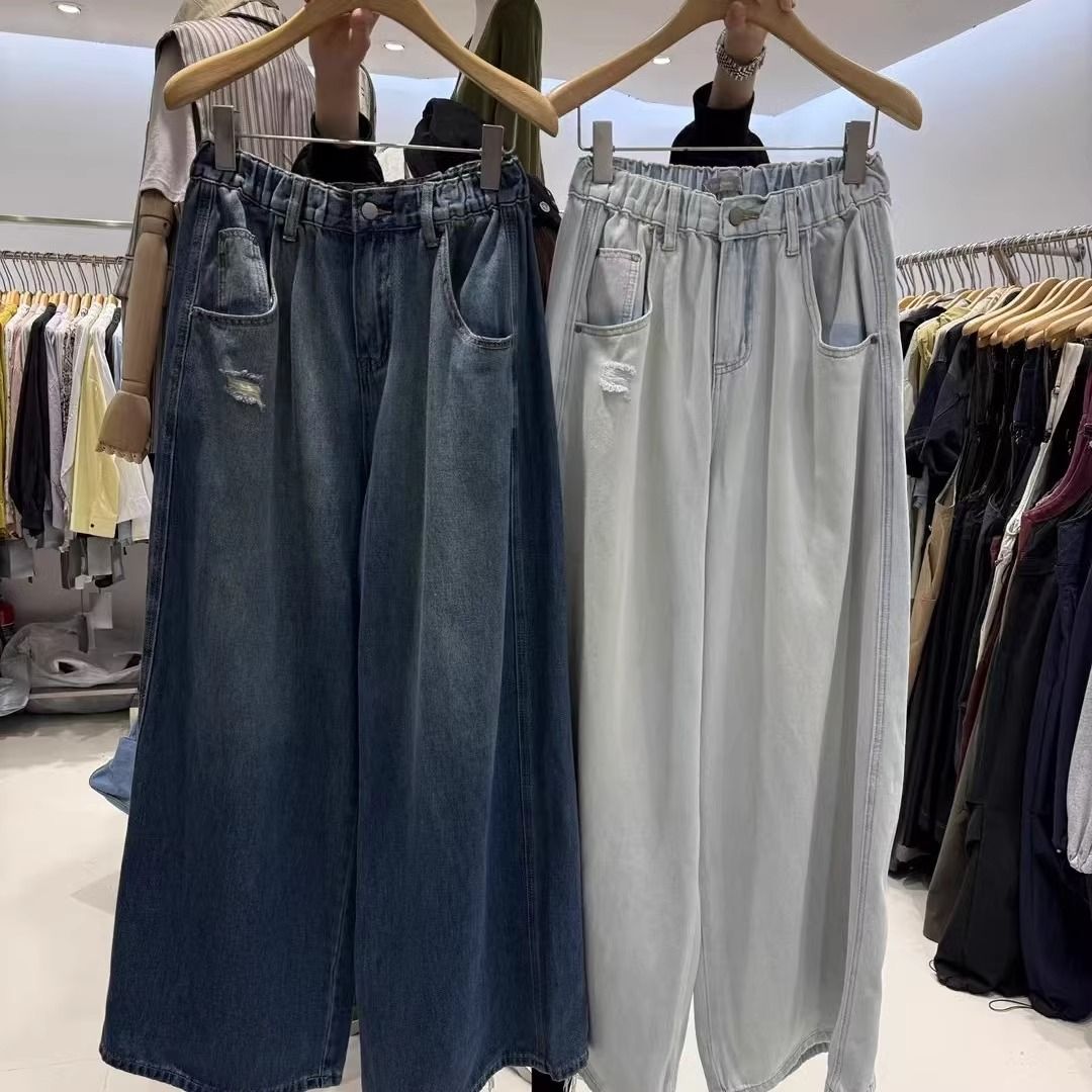 大码300斤美式破洞牛仔阔腿裤女夏季胖mm宽松显瘦别致休闲裤子潮2