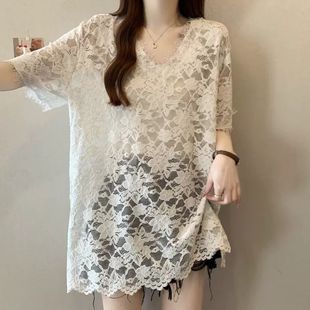 胖MM300斤女微透拼接疊穿蕾絲衫 韓范百搭V領中長款 短袖 上衣潮 大碼