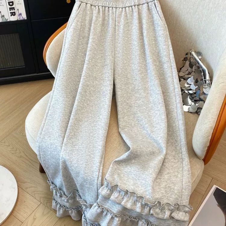 胖mm大码300斤夏设计感木耳边松紧腰休闲裤女百搭显瘦高腰微喇裤2