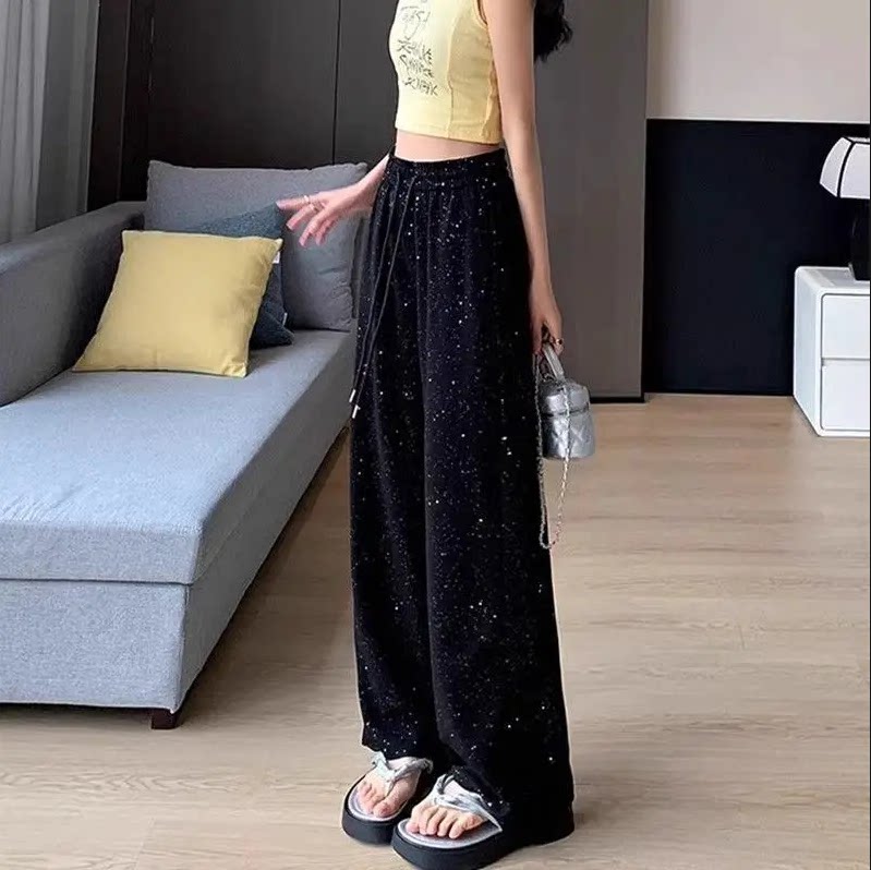 大码300斤气质亮闪闪满天星阔腿裤女夏季薄款胖mm高腰休闲运动裤图片