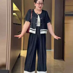 大码300斤时尚蕾丝拼接短袖套装女夏季胖MM宽松显瘦长裤两件套潮