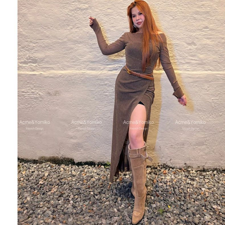 大码300斤欧美小众设计感纯欲显瘦连衣裙女秋冬胖MM气质开叉长裙2