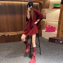 胖mm特大码300斤春秋季复古红色中长款女百搭休闲五分袖针织上衣2