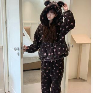 300斤卡通可爱珊瑚绒睡衣女秋冬季新款加厚加绒甜美家居服套装潮2