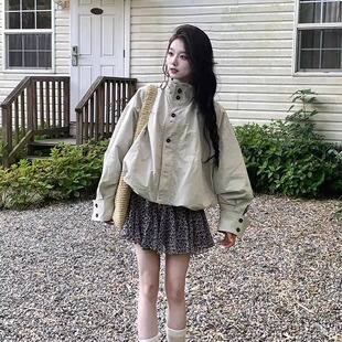 新款 大码 外套女秋季 复古立领工装 胖MM休闲宽松夹克上衣2 300斤美式
