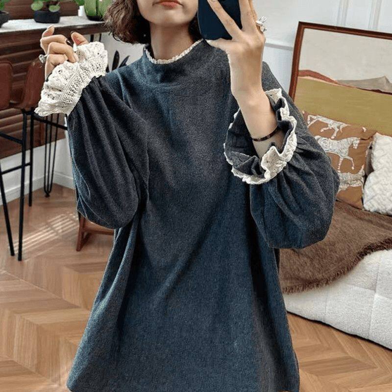 大码胖mm300斤韩版蕾丝花边拼接长袖T恤女秋冬新款宽松打底衫上衣