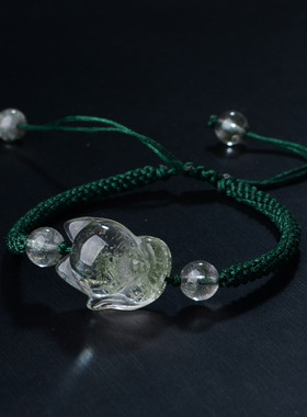 天然绿幽灵聚财狐狸吊坠编织手绳