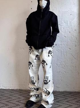 美式高街原创手掌印花白色男女hiphop潮牌直筒长裤青春潮流设计感