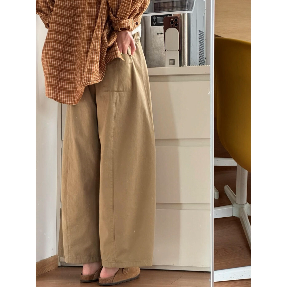 日系卡其色九分阔腿裤女春款大码胖mm慵懒松弛感巨好看百搭的裤子
