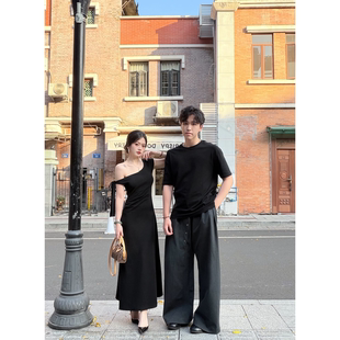 实拍 夏季斜肩一字肩韩系ins风紧身辣妹连衣裙情侣装