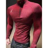 弹力速干无缝提花显大健身衣运动长袖 休闲半拉链训练服男 透气修身