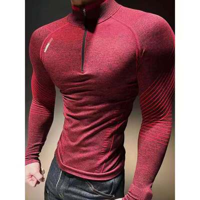 弹力速干无缝提花显大健身衣运动长袖透气修身休闲半拉链训练服男