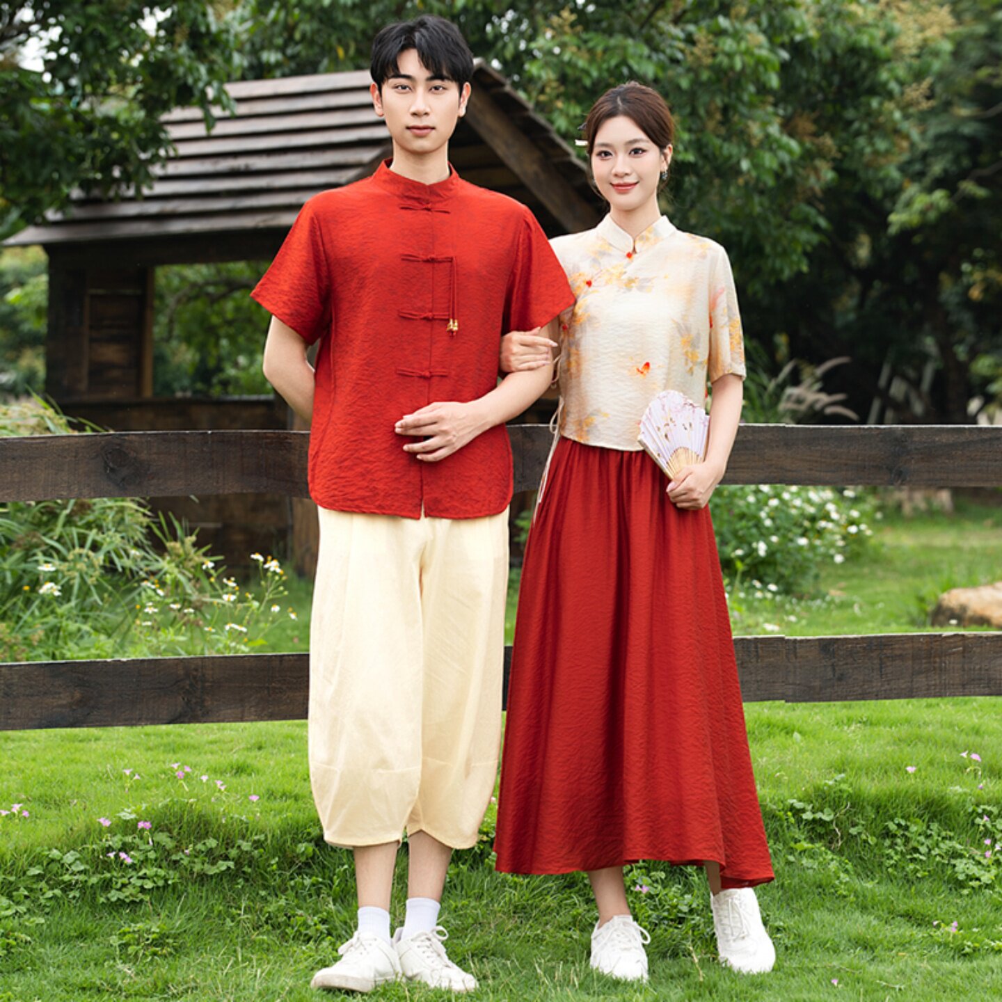 高端大码红色情侣装订婚新中式夏装短袖汉服唐装男装结婚照演出服