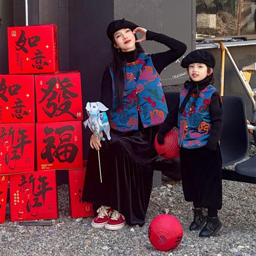 中国风新中式马年亲子提花马甲