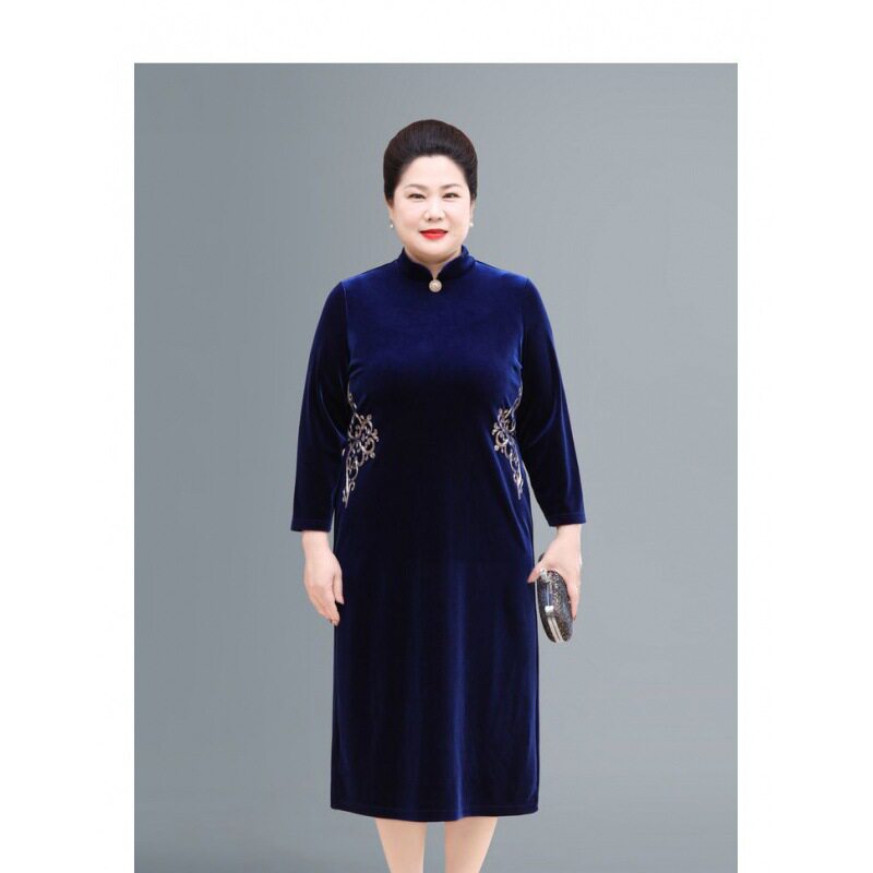 胖夫人丝绒旗袍金连衣裙秋冬胖妈妈加加大长裙民族风大码
