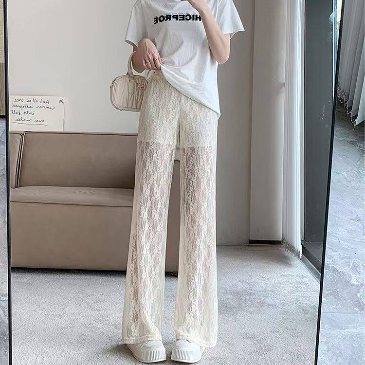 蕾丝长裤女春夏季款宽松百搭松紧高腰性感透视带安全裤休闲阔腿裤