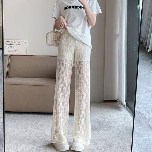 蕾丝长裤女春夏季款宽松百搭松紧高腰性感透视带安全裤休闲阔腿裤