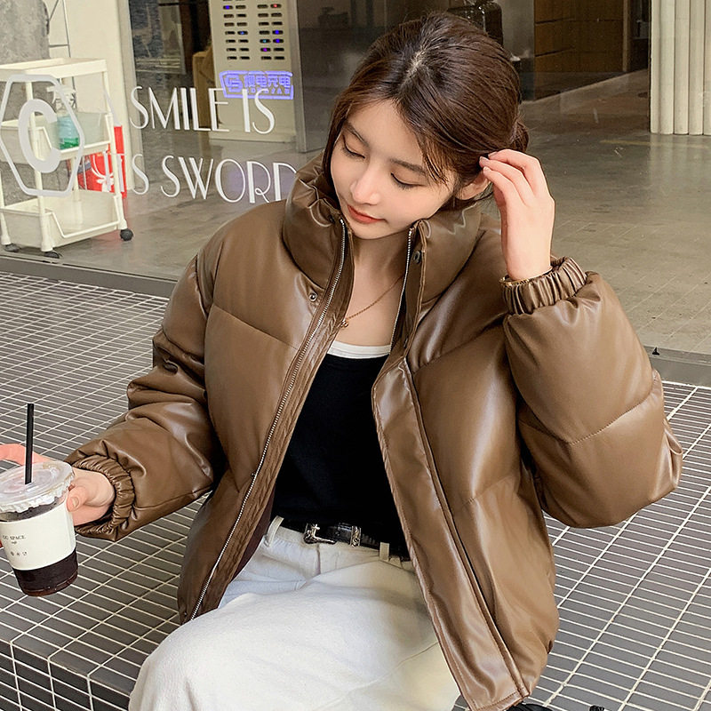 新短款2025小个子立领羽绒棉服女PU皮加厚棉袄棉衣高级感保暖外套