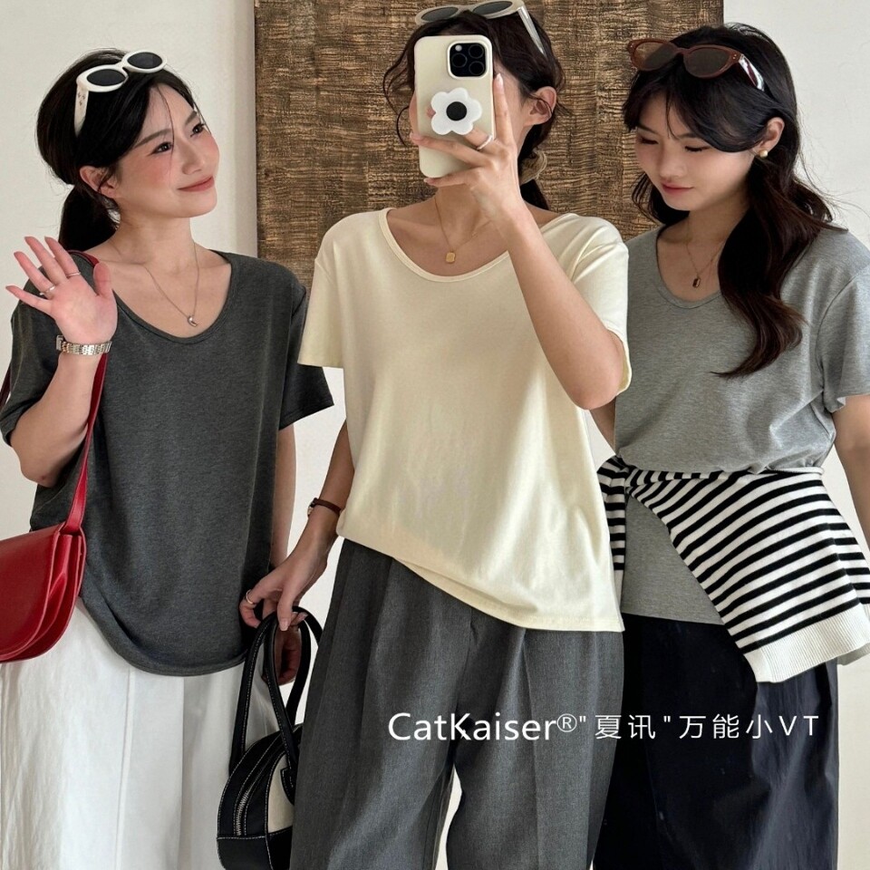 CatKaiser夏讯万能小VT女新夏舒适T恤百搭宽松V领纯短袖内搭上衣 - 实物图