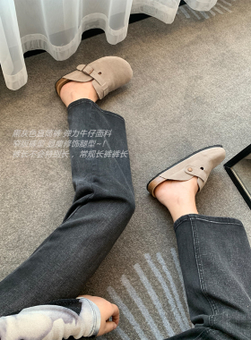 CHAO好穿！窄版裤！黑灰色弹力显瘦直筒牛仔裤女高腰阔腿长裤秋冬