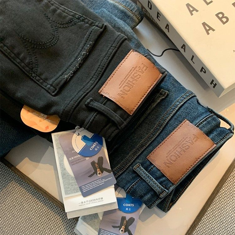 直直植绒~！奥利绒！秋冬薄绒 牛仔裤女直筒弹力显瘦烟管裤小个子