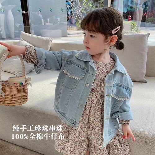 女童春款珍珠牛仔外套连衣裙
