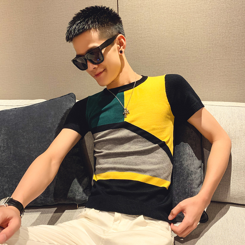 黑色2020精神小伙修身男士圆领针织短袖T恤T219-P48控69，男装T恤，电商A108