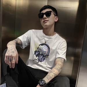 白色2021精神小伙修身男式印花短袖T恤社会tee T052-P45控69图片